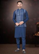 Pure Silk Navy Blue Traditional Wear Mirror Work Readymade Modi Jacket Kurta Pajama